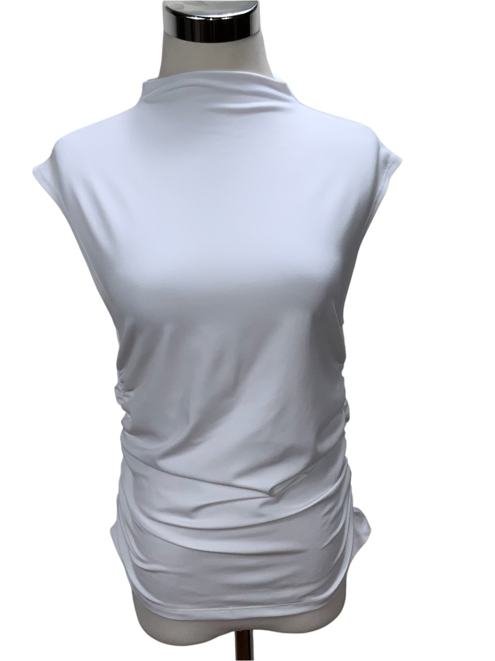 Jason Wu White Mock Neck Ruched Side Stretch Top M NWOT Minimalist Cap Sleeve